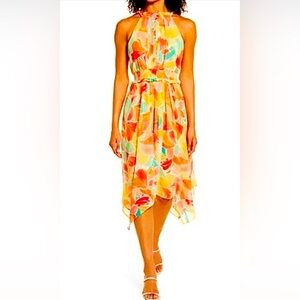 NWT VINCE CAMUTO Chiffon Halter Handkerchief Hem Midi Dress Yellow Multi 0